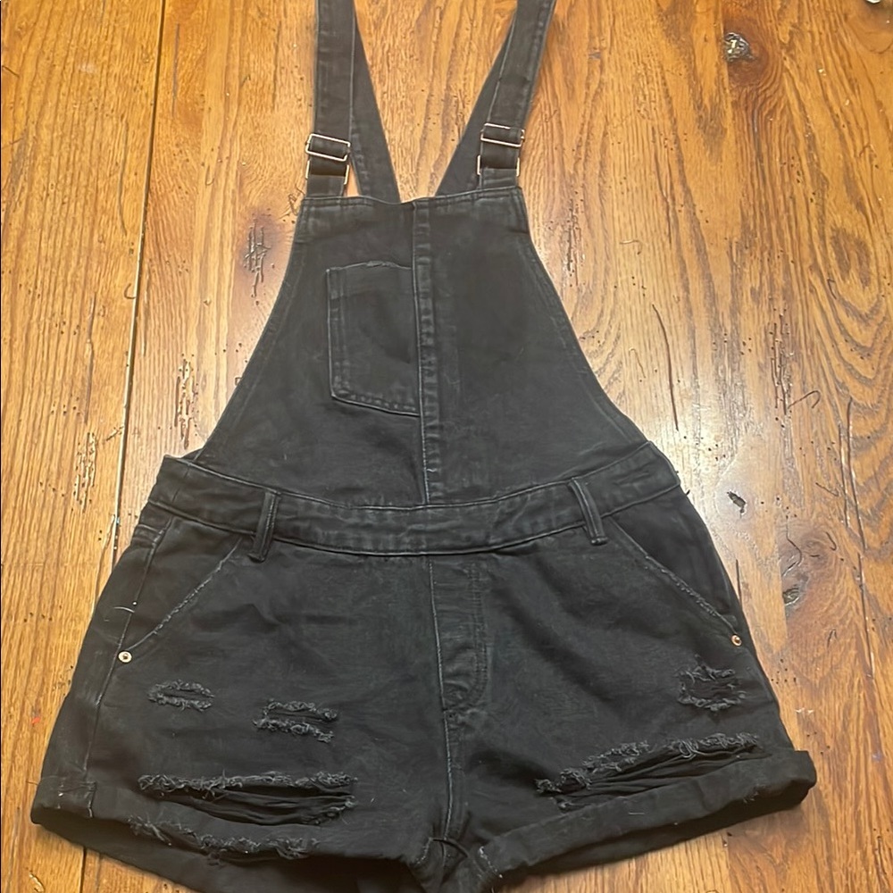 Black Distressed Denim Overalls (runs small)